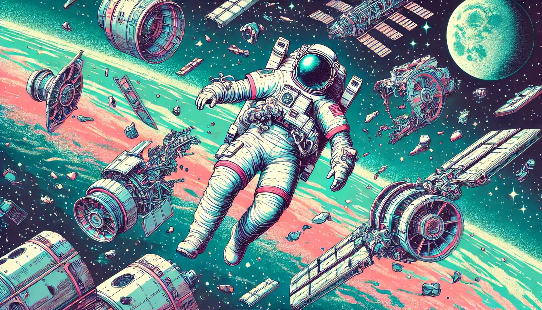 An-astronaut-floating-through-space-surrounded-by-parts-of-a-wrecked-spaceship.-The-visual-style-is-inspired-by-80s_90s-Japanese-anime-with-a-hand-d